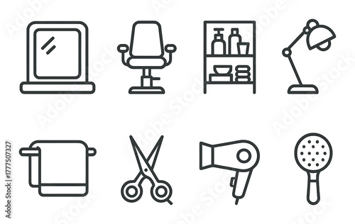 Barbershop essentials icons: mirror, chair, products, lamp, towel, scissors, hairdryer, showerhead