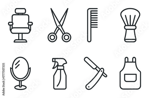 Barber shop essentials: scissors, comb, brush, mirror, spray, razor, apron icons