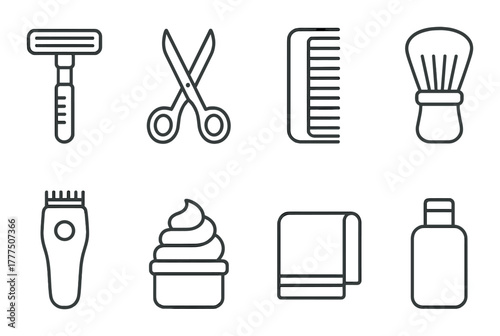 Barber and grooming tools: razor, scissors, comb, shaving brush, clipper, cream, towel, bottle