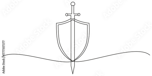 Continuous single one line drawing art of Shield protection. Vector illustration of business guard defense and data safety or health care.