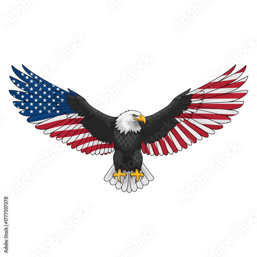 Majestic bald eagle illustration, patriotic symbol, soaring American flag wings, freedom, national pride, USA
