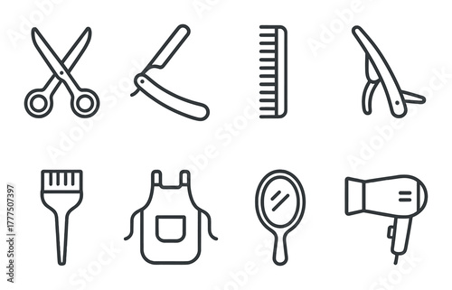 Barber tools silhouette: scissors, razor, comb, and more on black background