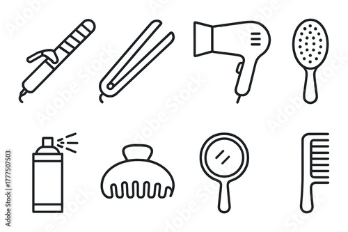 Set of hair styling tools: curling iron, straightener, hair dryer, hairbrush