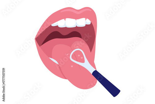 Vector of Cleaning the Tongue and Oral Hygiene. A mouth illustration with a tongue cleaner tool, demonstrating the importance of scraping the tongue surface to remove bacteria and achieve fresh breath