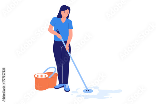 Illustration of Mopping the Floor and House Cleaning. A woman is mopping the floor next to a bucket of water, illustrating the routine of house cleaning, floor maintenance, and domestic hygiene chores
