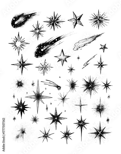 Star icons black ink sketch vector set. Stipple effect cosmic elements celestial bodies shooting stars comets hand drawn vintage engraving style astronomical illustration isolated art on white