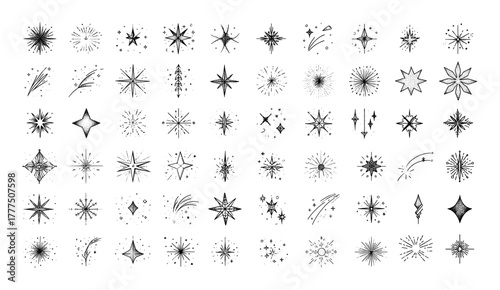 Stars hand drawn black ink sketch vector set. Celestial elements sparkles bursts fireworks cosmic glimmers zodiac flashes thin line doodles astrological symbols decoration isolated artworks