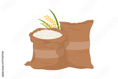 Illustration of Rice Sacks. Two burlap sacks filled with rice grains, symbolizing agriculture, basic food supply, commodity trading, and farming harvest