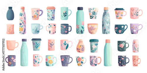 Travel mugs thermoses cartoon vector set. Floral pattern design cute pink blue colors hot beverage container coffee cup set water bottle sticker pack botanical art drinkware isolated illustration