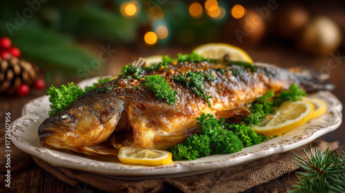 Traditional Fried Carp with Lemon and Parsley for Polish Christmas Feast