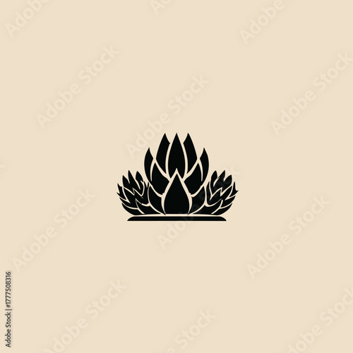 Stylized Black Silhouette of Hops Plant Graphic Icon on Beige Background. Botanical design element for brewery or natural products.