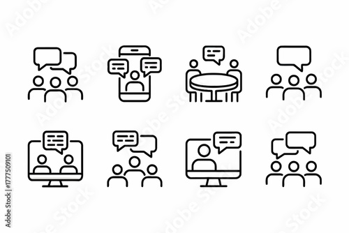 Communication methods for business meetings and social gatherings depicted as vector icons in a minimalist style ideal for websites and applications