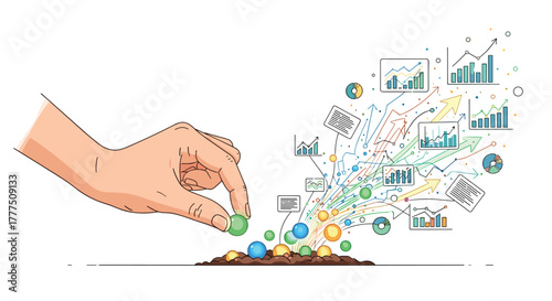 Hand planting seeds that grow into data charts and graphs symbolizing business growth, Generative AI.
