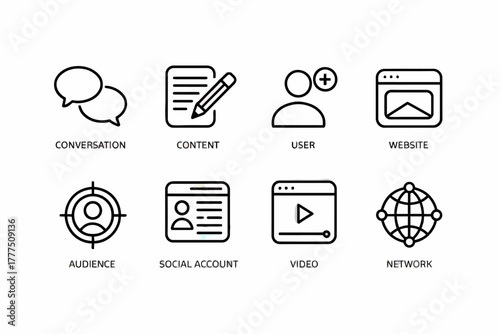 Set of Social Media Marketing Vector Icons for Website and App Development Projects Communication Content Creation and Global Networking