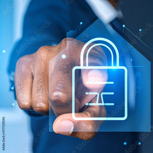 Una mano señalando un icono digital de candado luminoso en tonos azules, concepto de seguridad, protección y sistemas de alarma inteligente en un hogar conectado y seguro con tecnología avanzada