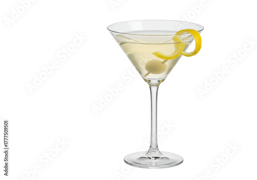 Isolated Martini cocktail with lemon twist garnish and olive, elegant drink at bar scene