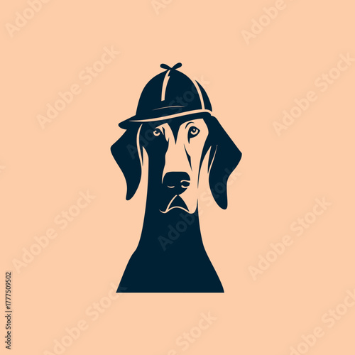 Stylized dog head illustration wearing a detective hat. Minimalist vector graphic of a canine investigator mascot concept.