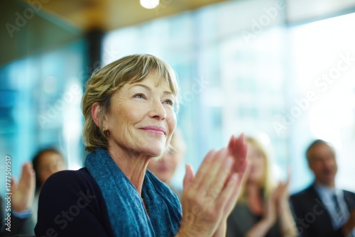 Senior Woman Clapping Joyfully at Inspiring Business Event in Modern Office.