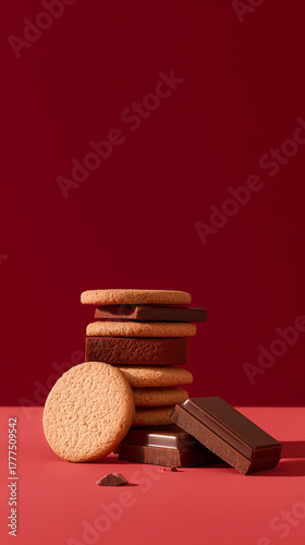 stacked cookies with chocolate on red background

