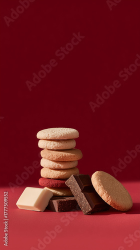 stacked cookies with chocolate on red background
