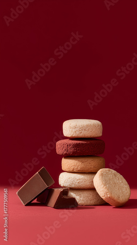 stacked cookies with chocolate on red background
