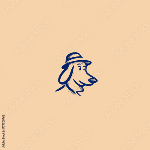 Charming hand-drawn illustration of a friendly dog's head wearing a stylish hat. Simple vintage cartoon character design.