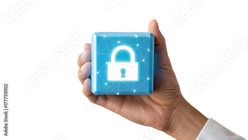Hand holding security button, symbolizing the concept of idea and solution of cyber security