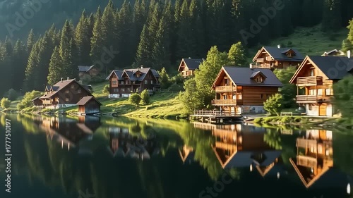 Scenic mountain lake with wooden houses reflecting in the calm water at sunrise