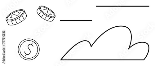 Minimalistic design of a cloud with coins flying representing online financial services, data monetization, cloud storage, digital economy, investments, savings, revenue. A simple flat metaphor