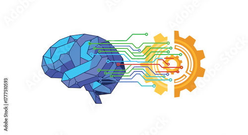 Artificial intelligence brain with gears and circuits, Generative AI.