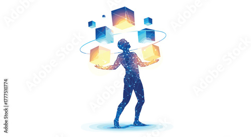 Man Juggling Glowing Cubes and Abstract Shapes, Generative AI.