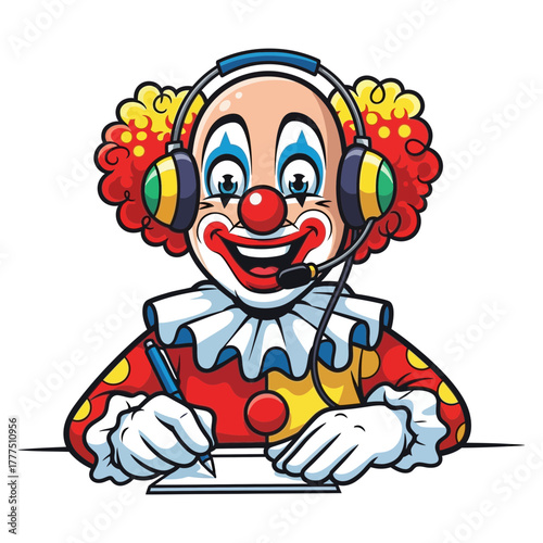 Cartoon clown wearing a headset and writing on paper, with a red nose and colorful hair