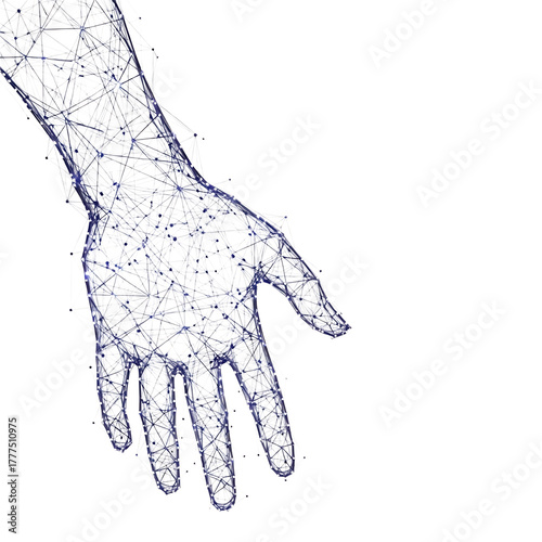 Wireframe human hand structure with blue and white geometric connections on black background network