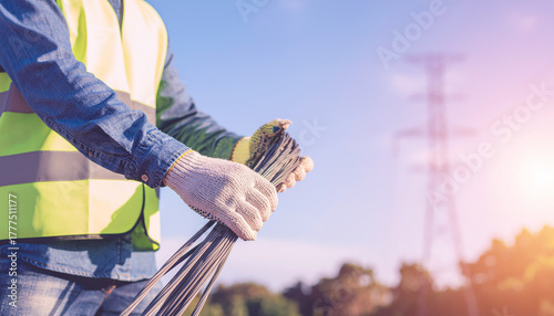 Technician Holding Bundle of Wires at Construction Site