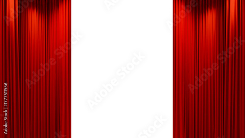 Open red Straight even velvet curtains, red smooth stage of a movie theater or stage, isolated on transparent background