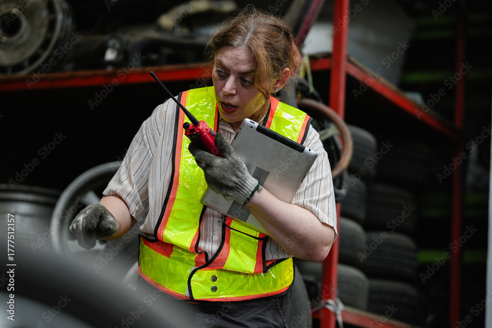 Fototapeta premium Female hispanic technician inspect used car damaged part at scrap yard warehouse recycle area. Latin maintenance engineer examining oily auto motor tires old spare part in junkyard for reuse service
