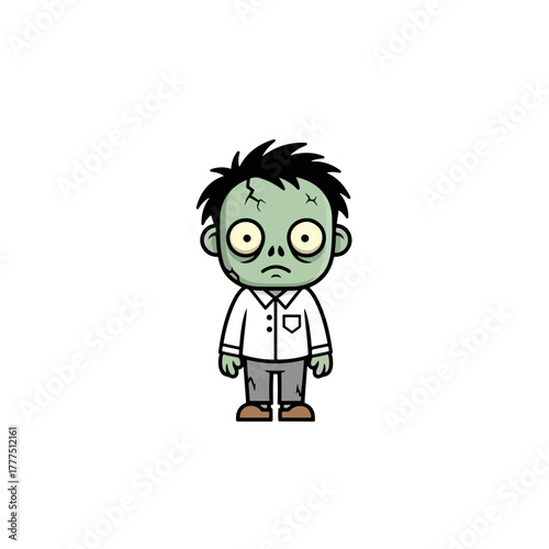 Spooky cartoon zombie character illustration, cute undead monster with green skin and cracked head, isolated