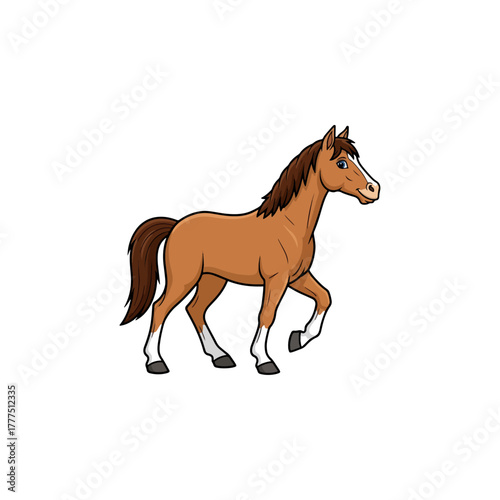 Cute cartoon horse illustration, brown equine animal walking, friendly simple vector graphic design