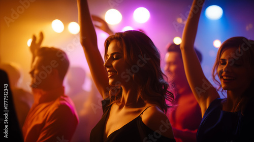 Joyful dancers in a nightclub setting, festive gatherings in dance hubs, joyful moments in music fun, celebration vibes with vibrant energy, event highlights in nightclub parties