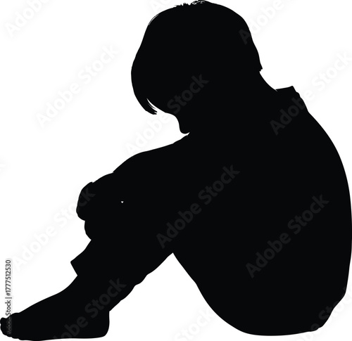Lonely Child Sitting with Knees to Chest Silhouette - Isolation Emotion