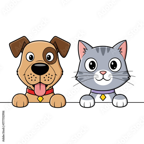 Cute cartoon dog and cat peeking over a blank white horizontal banner, friendly pet animals illustration