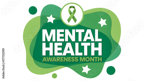 Mental health awareness month green ribbon symbol and abstract shapes promoting well being and support isolated on transparent background