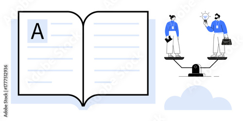 Open book with large A accompanied by two professionals standing on a balanced scale, exchanging ideas. Ideal for education, knowledge, equilibrium, teamwork, innovation, fair judgment, simple flat