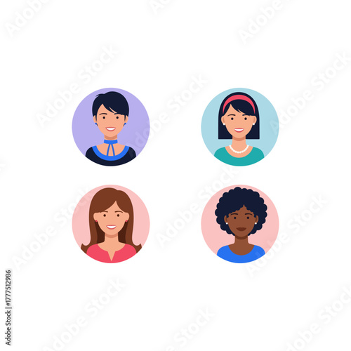 Diverse female user avatars, profile icons for multi-ethnic women, various happy faces representation