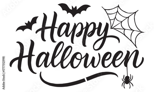 Halloween Greeting Silhouette – Decorative Vector with Bats, Spider, and Cursive Typography