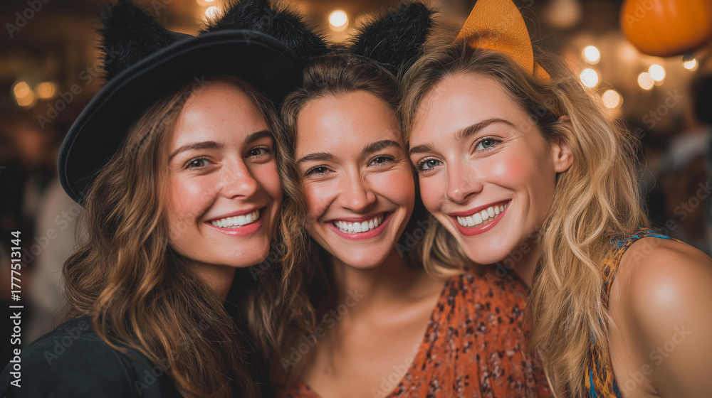 Obraz premium Women with cat ears at a Halloween fest, festive gatherings in costume parties, joyful moments in holiday spirit, celebration vibes with playful decor, event highlights in Hallowee