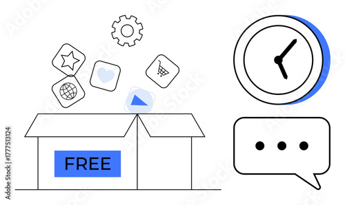 Open box labeled FREE releasing icons thumbs up gear, star, globe, and cart. Clock and chat bubble highlight time and communication themes. Ideal for organization, time, collaboration, and simplicity