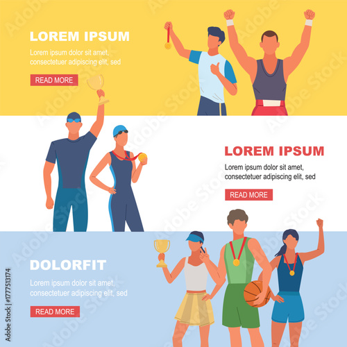 sport champions. sportive characters holding award cups, golden medal, sport competition winners banners. vector cartoon horizontal banners.