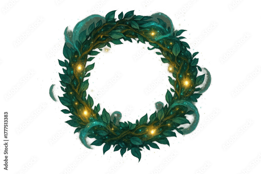 Naklejka premium Magical glowing wreath with green leaves and golden light creating a fantasy circle frame on transparent background