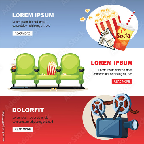 cinema elements. cartoon flat banners with movie filming attributes, popcorn premiere tickets, 3d glass. vector cartoon graphics.
